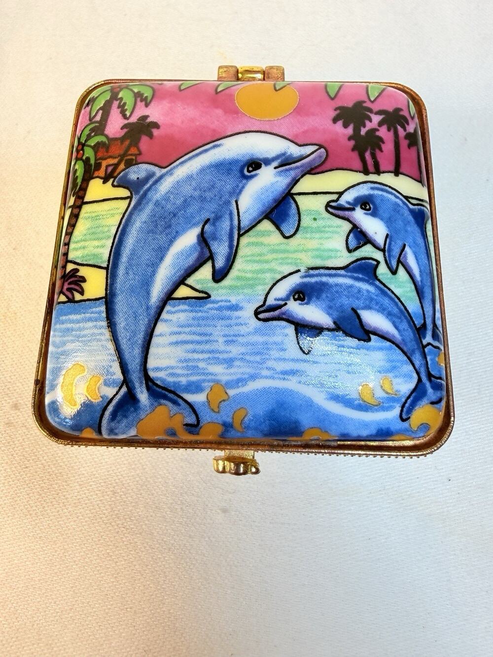 Giftcorp Caribbean Cruising Colorful Square Dolphin Trinket Box
